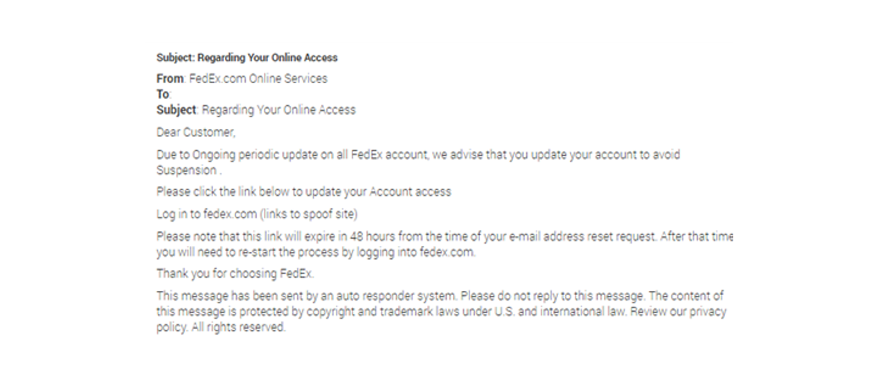 Example from FedEx Recognize & Report Fraud page