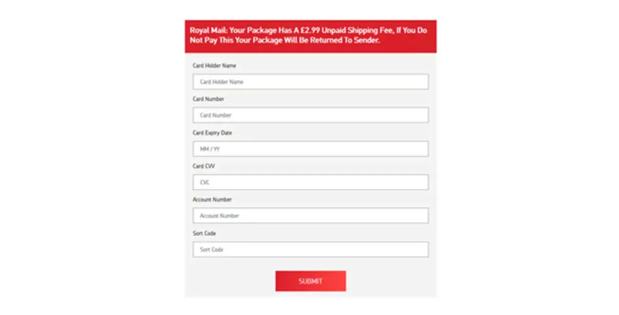 Fake webpage for Royal Mail
