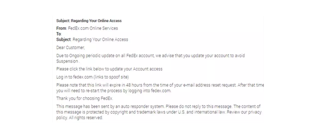 Example from FedEx Recognize & Report Fraud page