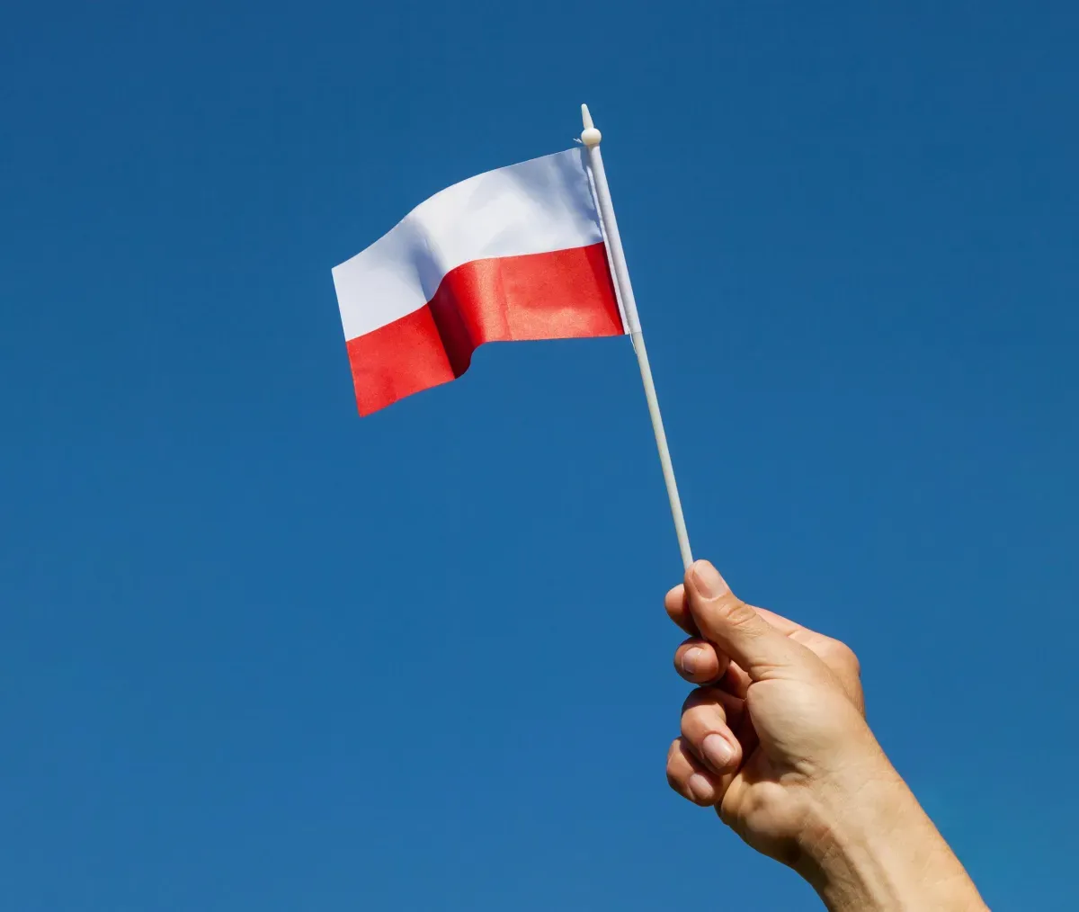 Person mit polnischer Flagge am Himmel