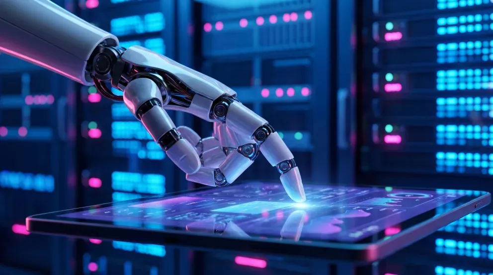 Roboterhand berührt ein leuchtendes holografisches Tablet in einem blau beleuchteten Serverraum.