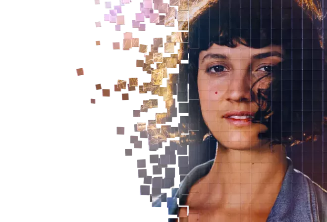 Woman visible through a pixelated lens