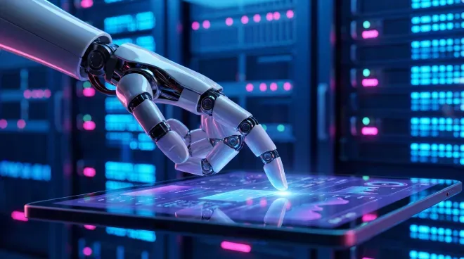 Roboterhand berührt ein leuchtendes holografisches Tablet in einem blau beleuchteten Serverraum. Roboterhand berührt ein leuchtendes holografisches Tablet in einem blau beleuchteten Serverraum.