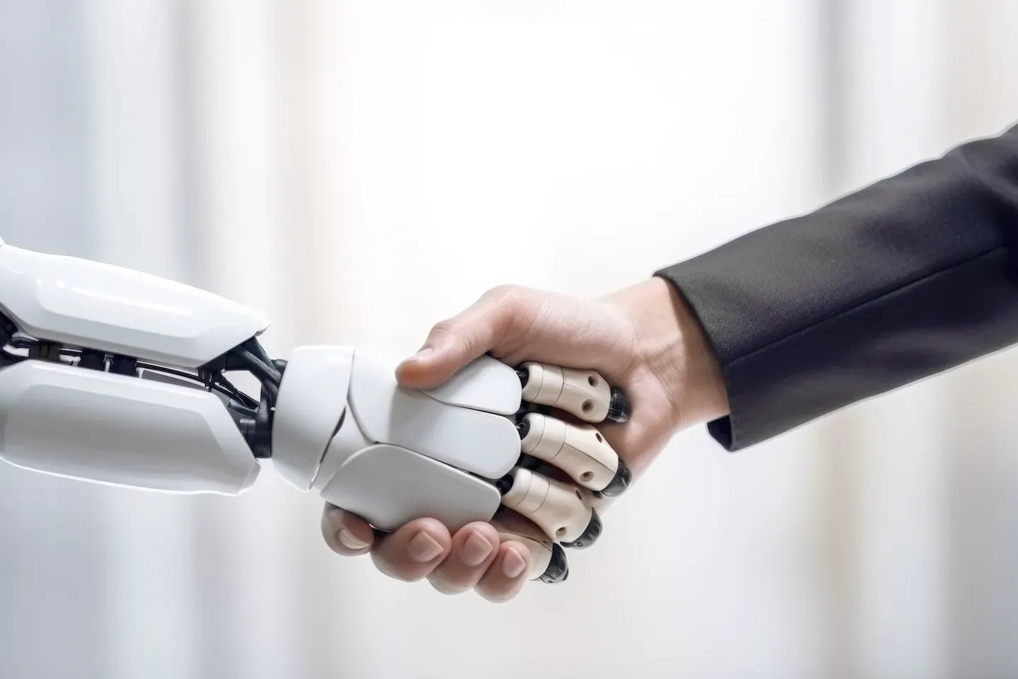 Roboter und Mensch schütteln sich die Hände Roboter und Mensch schütteln sich die Hände