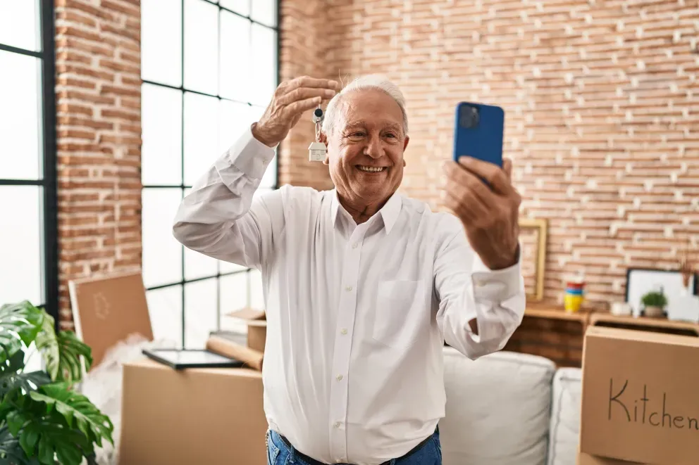 Hombre emocionado sosteniendo las nuevas llaves de la casa en el teléfono para tomarse una selfie