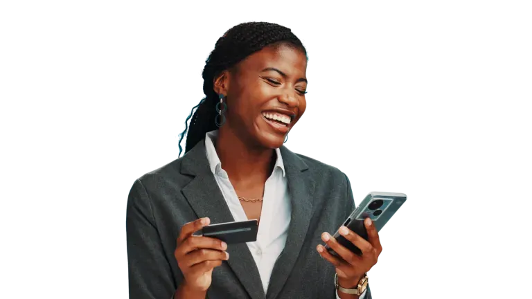 Woman holding a phone and a credit card