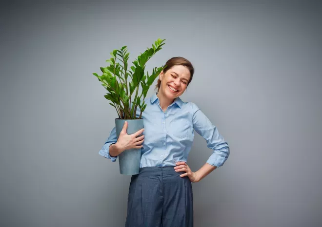 Mujer de negocios sosteniendo una gran planta de interior