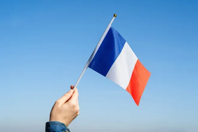 Hand holding France flag in sky