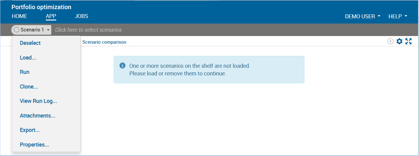 Scenario menu in the Xpress Insight web client Chap9/xi48scen2.png