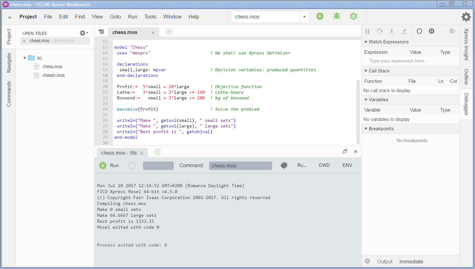 Xpress Workbench screen after running chess.mos MoselUG/chesswb.png