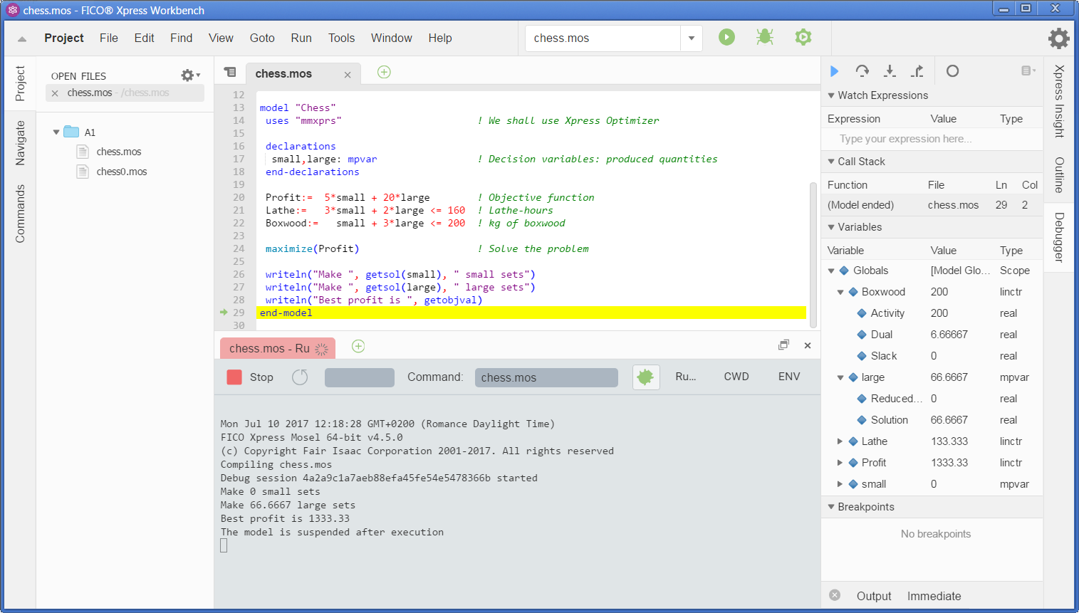 Running chess.mos with Xpress Workbench in debug mode MoselUG/chesswbdbg.png