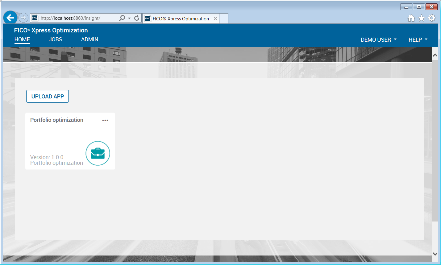 Xpress Insight web client after loading the Portfolio app Chap9/xi451entry2.png