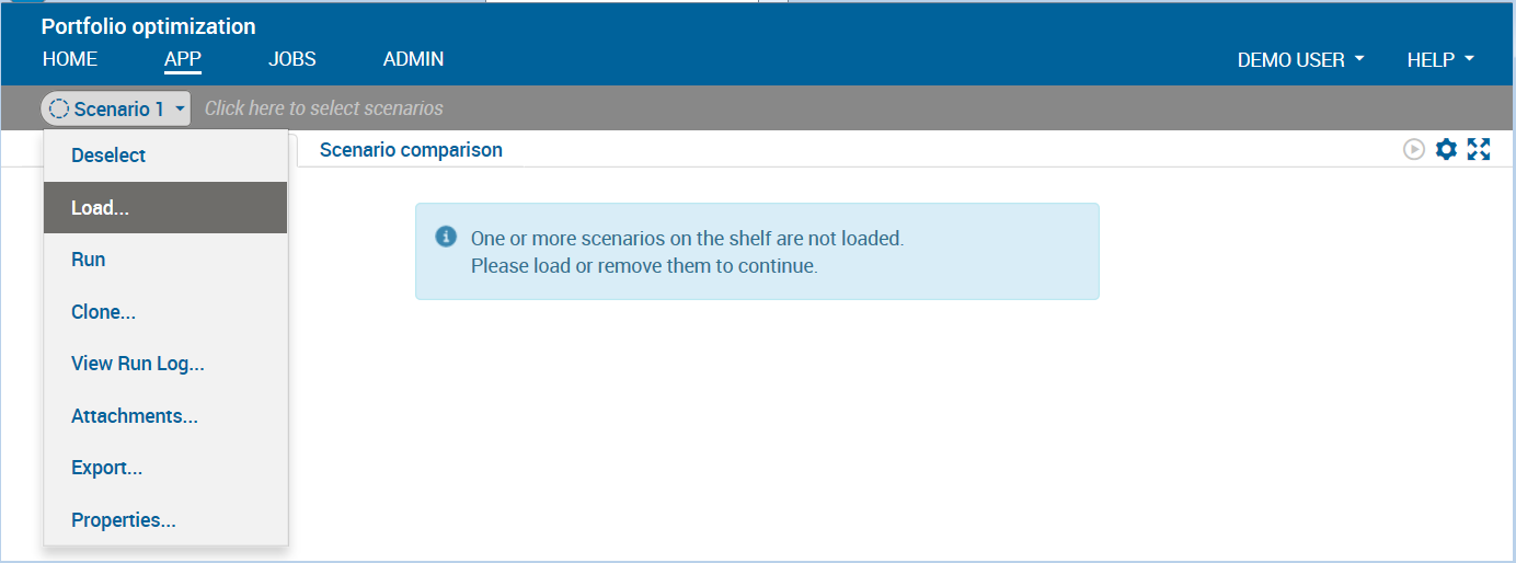 Scenario menu in the Xpress Insight web client Chap9/xi451scen2.png