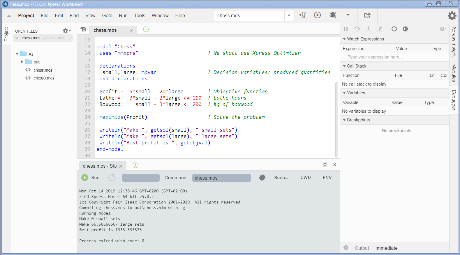 Xpress Workbench screen after running chess.mos MoselUG/chesswb.png