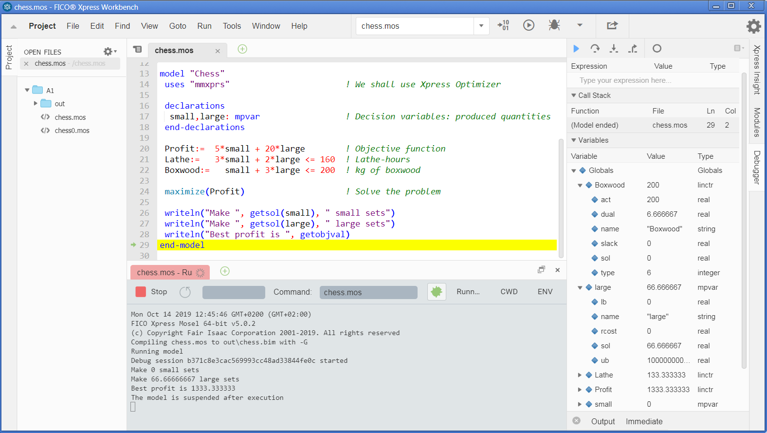 Running chess.mos with Xpress Workbench in debug mode MoselUG/chesswbdbg.png