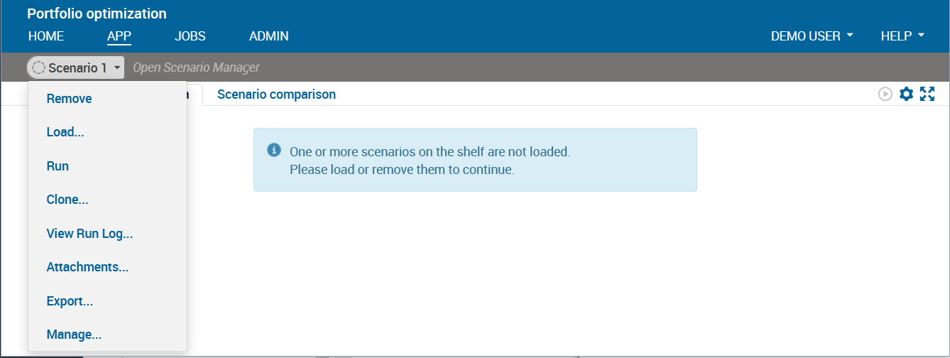 Scenario menu in the Xpress Insight web client Chap9/xi455scen2.png