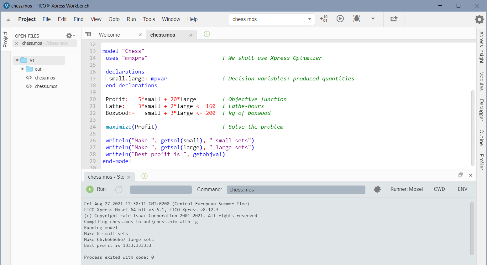 Xpress Workbench screen after running chess.mos MoselUG/chesswb.png