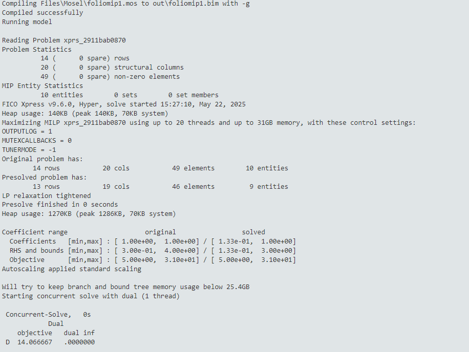 Solver log for MIP problem - part 1: statistics Chap45/wbmiplog1.png
