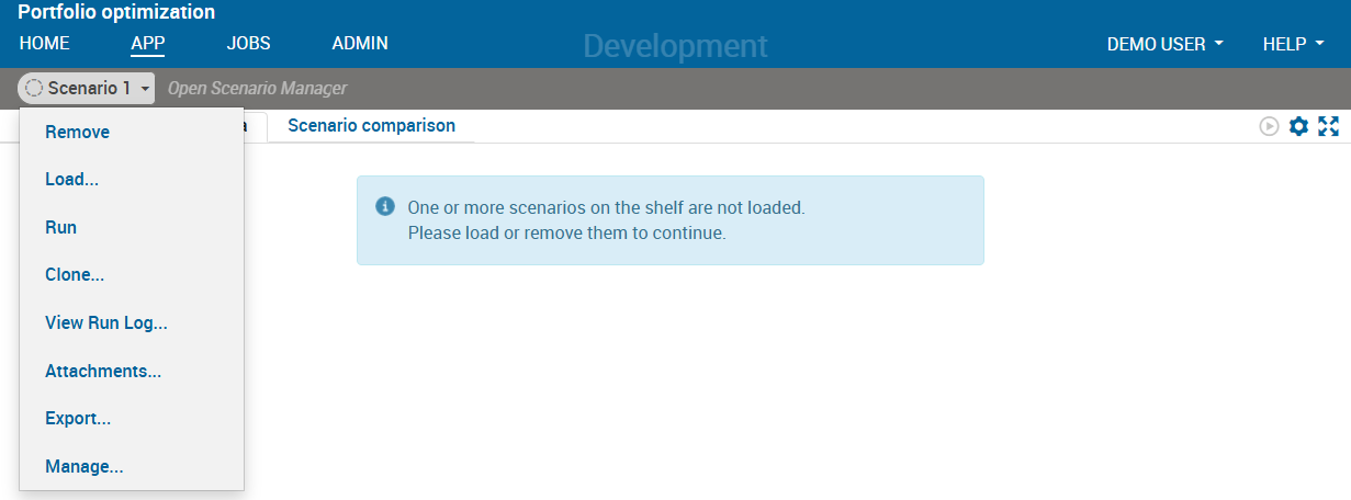 Scenario menu in the Xpress Insight web client Chap914/xi5scen2.png