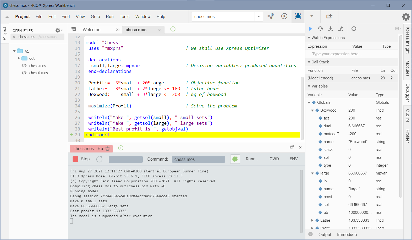 Running chess.mos with Xpress Workbench in debug mode MoselUG/chesswbdbg.png