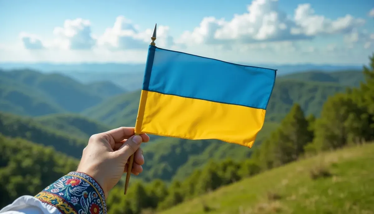 Hand holding Ukrainian flag over grass field