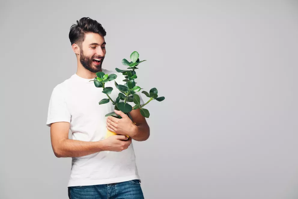 smiling young man holding potted house plant