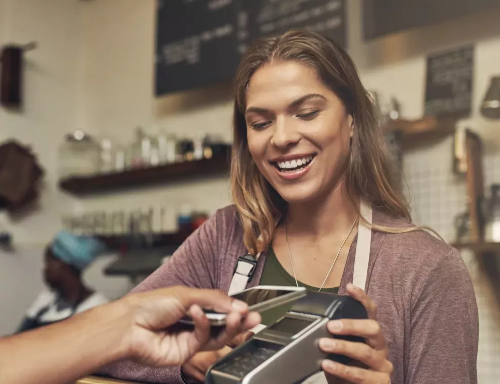 Woman with card reader