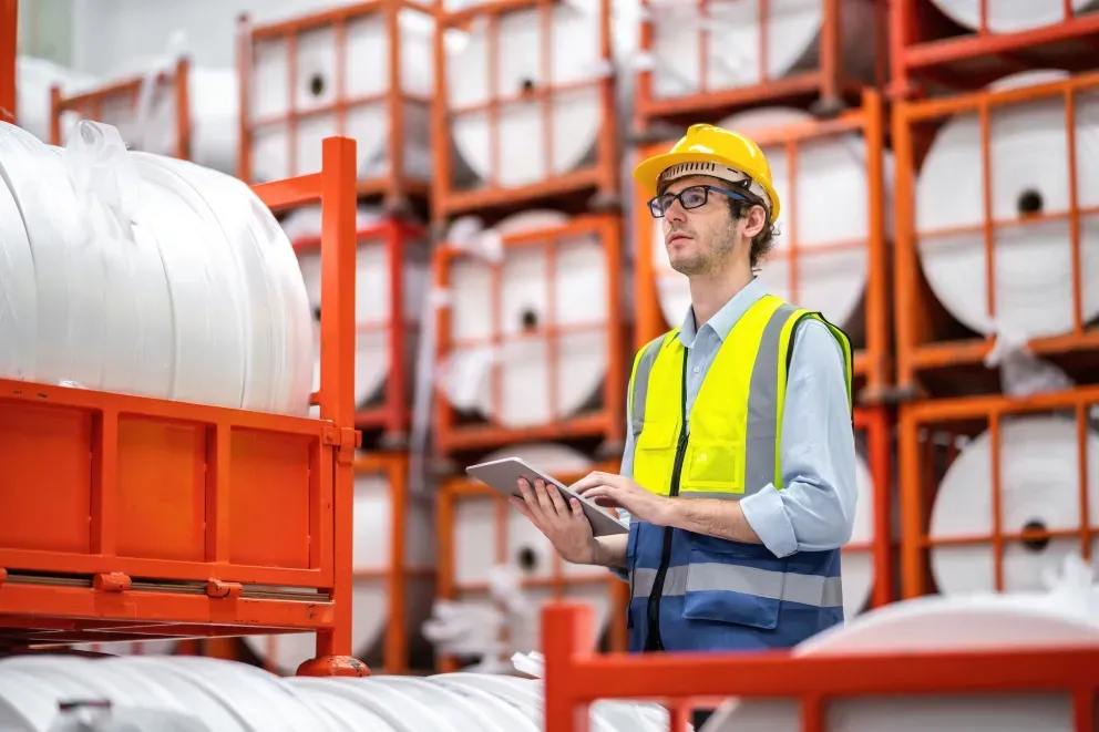 Man in warehouse with vest hat and tablet
