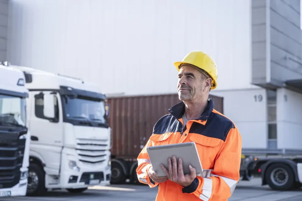 Construction worker with tablet
