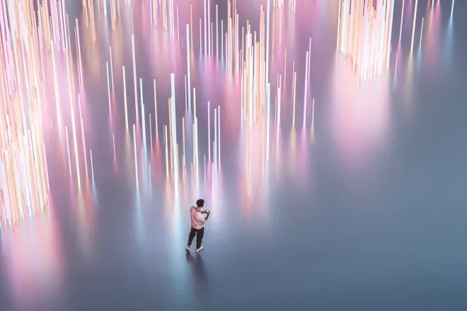 Man on phone with light trails