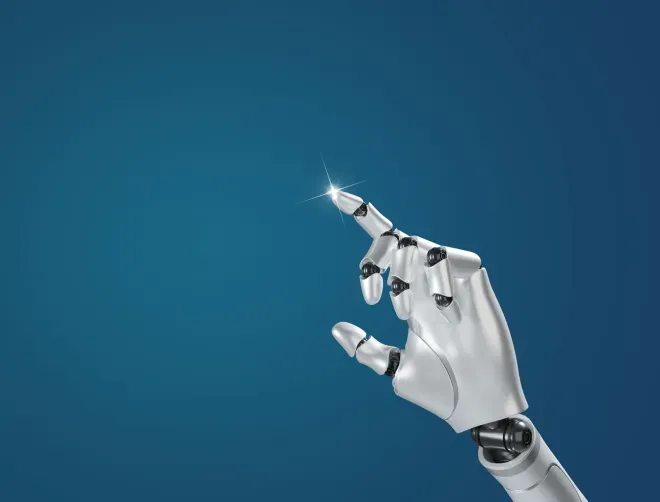 White robotic hand pointing upward against blue gradient background White robotic hand pointing upward against blue gradient background