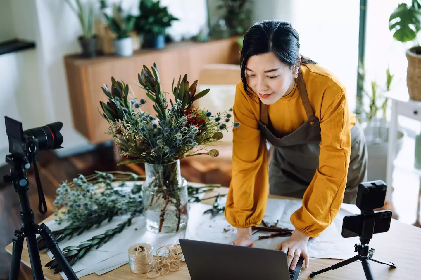 Small business owner working in a flower shop
