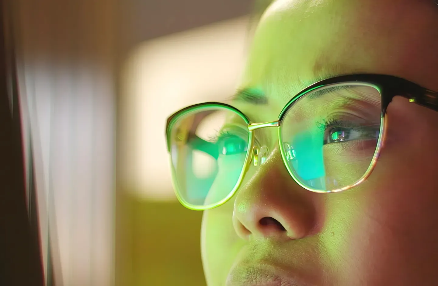 Close-up of a person wearing glasses with a green screen reflection on the lenses.