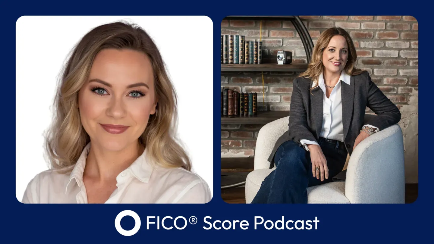 Two professional women in business attire, FICO® Score Podcast graphic. Two professional women in business attire, FICO® Score Podcast graphic.