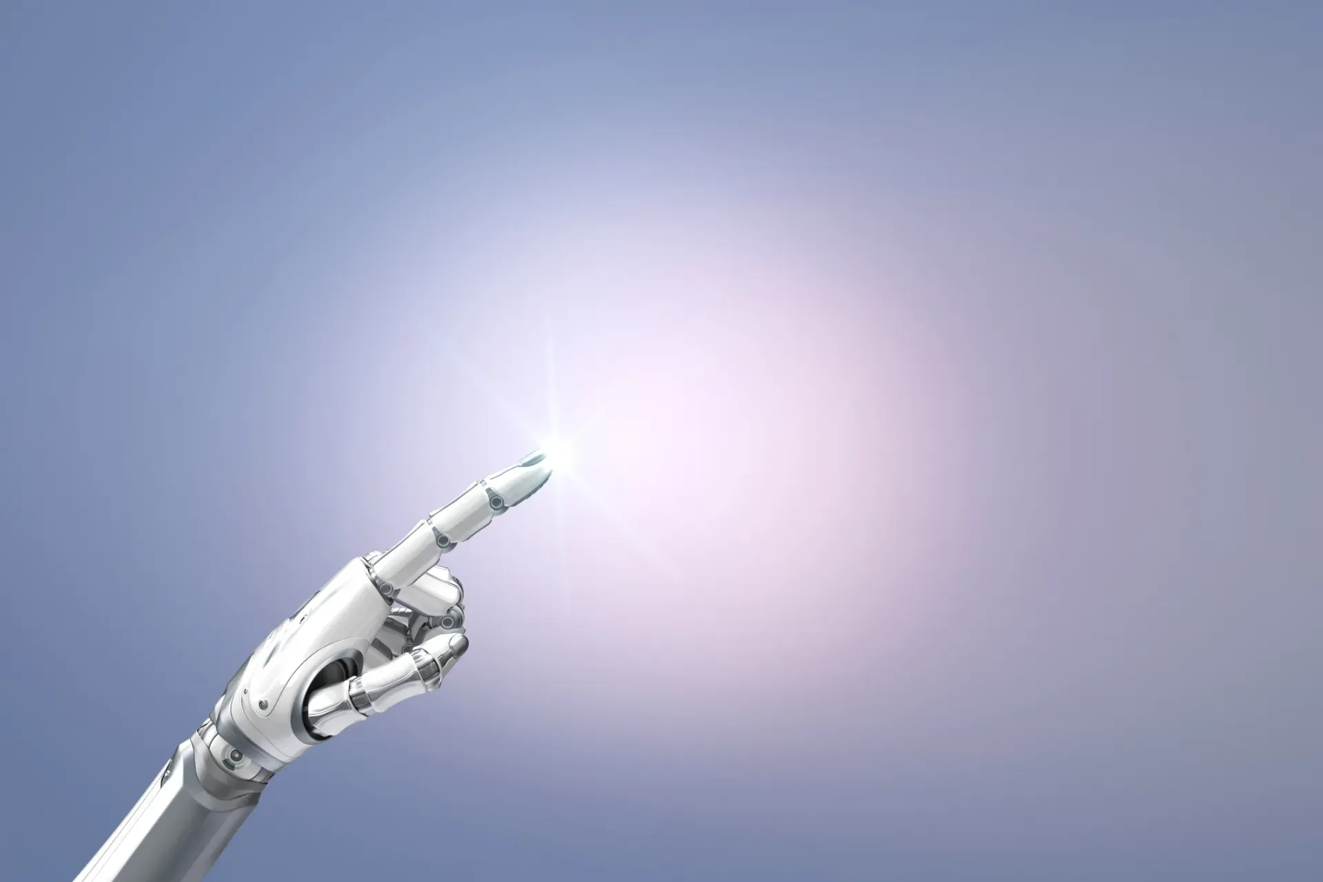 Robotic silver hand pointing toward a glowing light against a soft blue-gray background.
