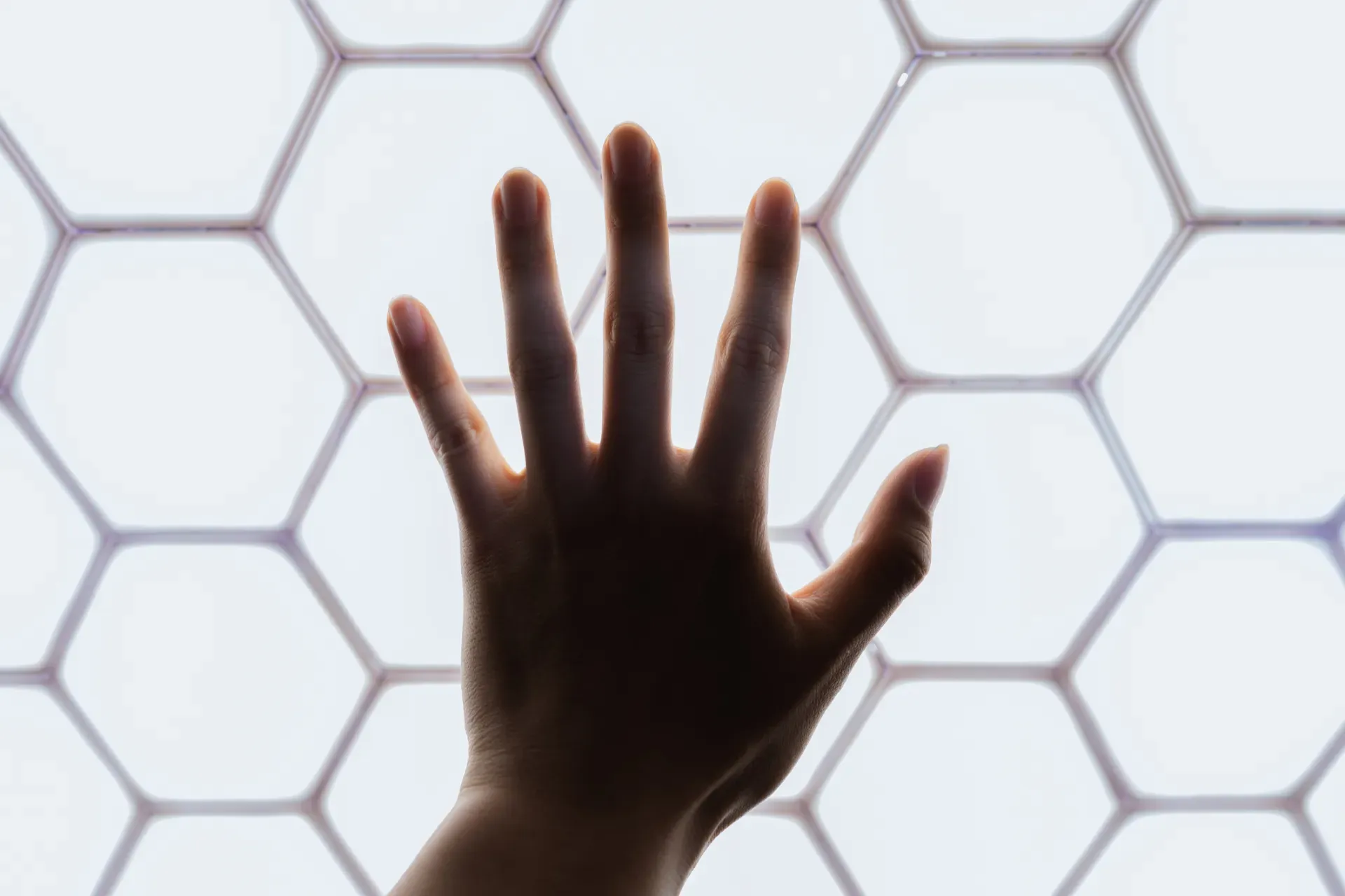 Silhouetted hand pressed against a glowing hexagonal panel surface. Silhouetted hand pressed against a glowing hexagonal panel surface.
