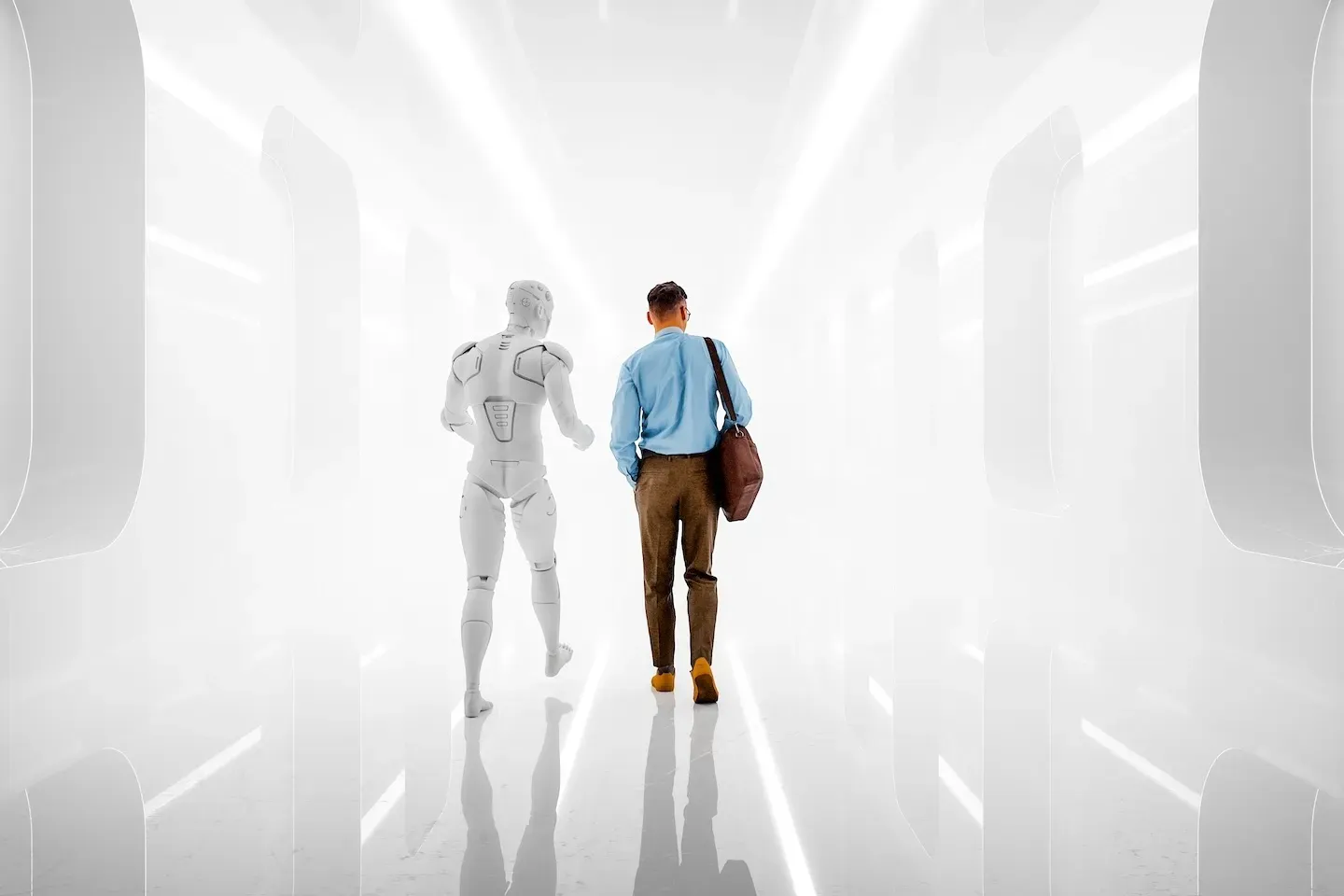 A businessman walking alongside a humanoid robot in a bright, futuristic white corridor. A businessman walking alongside a humanoid robot in a bright, futuristic white corridor.